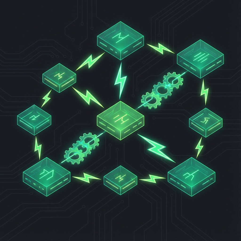 Concept diagram of automated workflow nodes connected by energy bolts
